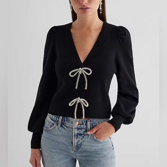 NWT Express Sparkle Bow Cardigan SOLD OUT Puff Sleeve Black XL - Picture 2 of 15